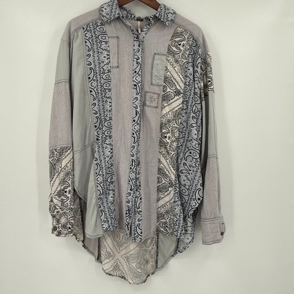 Free People Tops - Free People All Patched Up Bandana Patchwork Button Up Shirt Sz S Lagenlook Boho